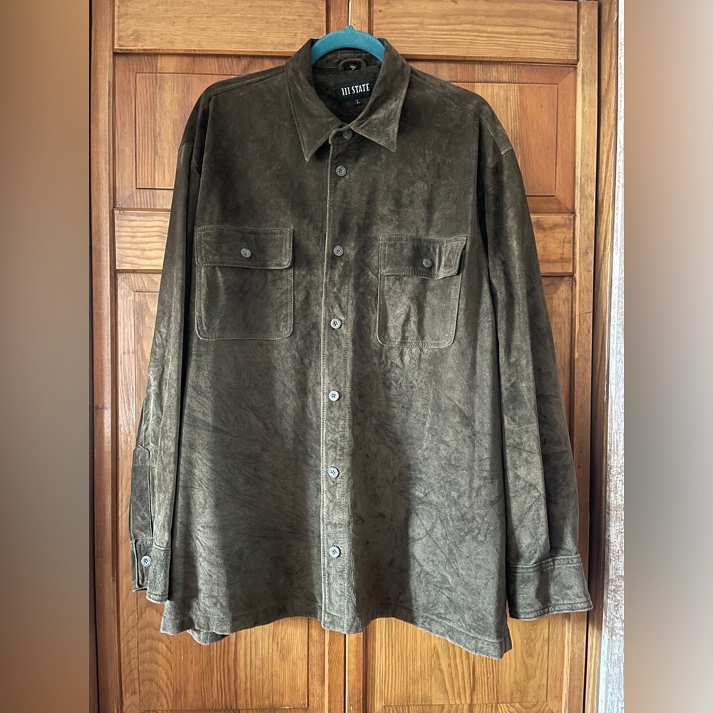 Men’s 111 State  green khaki leather button up shirt size large